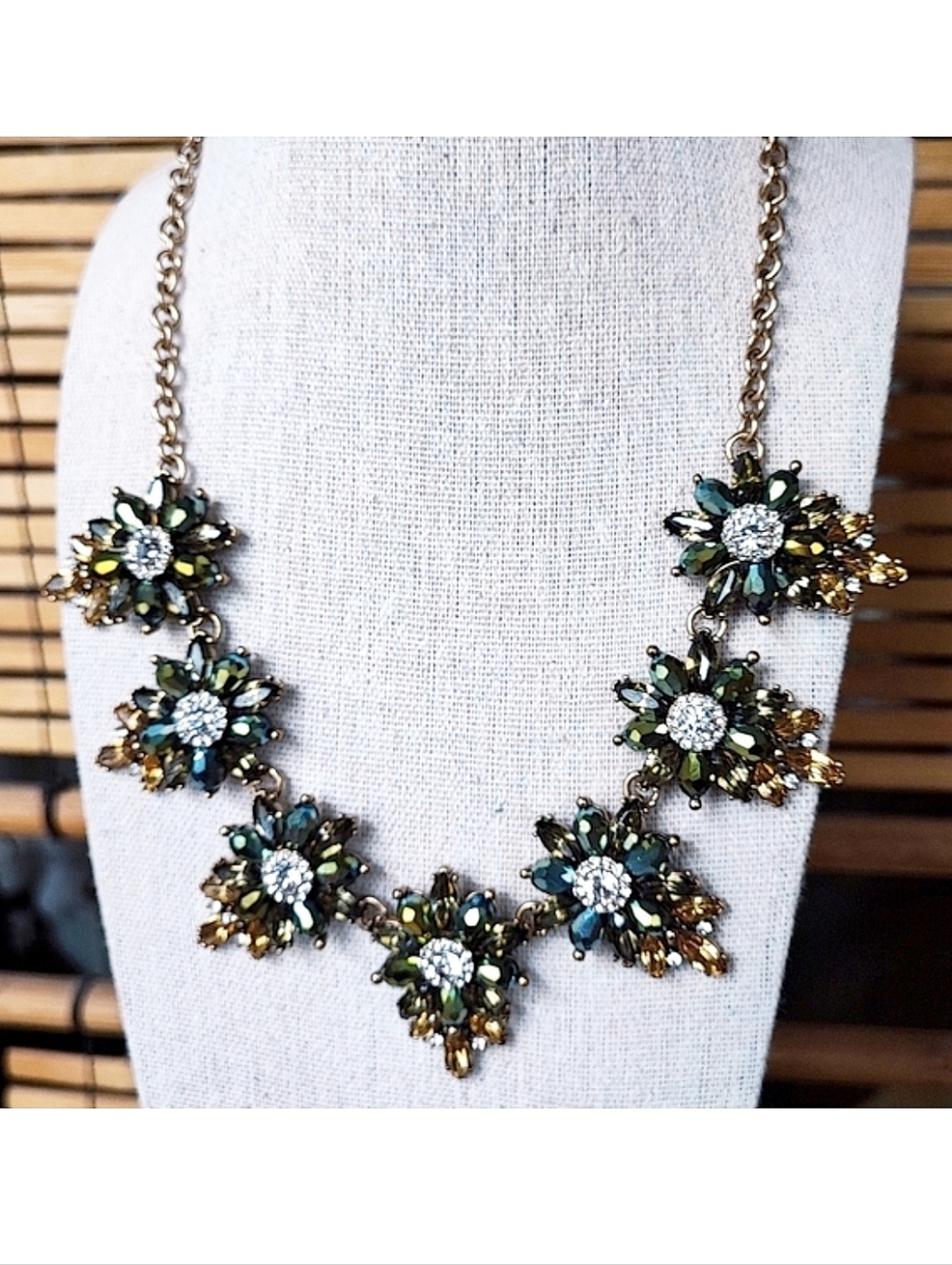Gold Tone Topaz Olivine Crystal Clear Rhinestone Statement Necklace Unsigned EUC